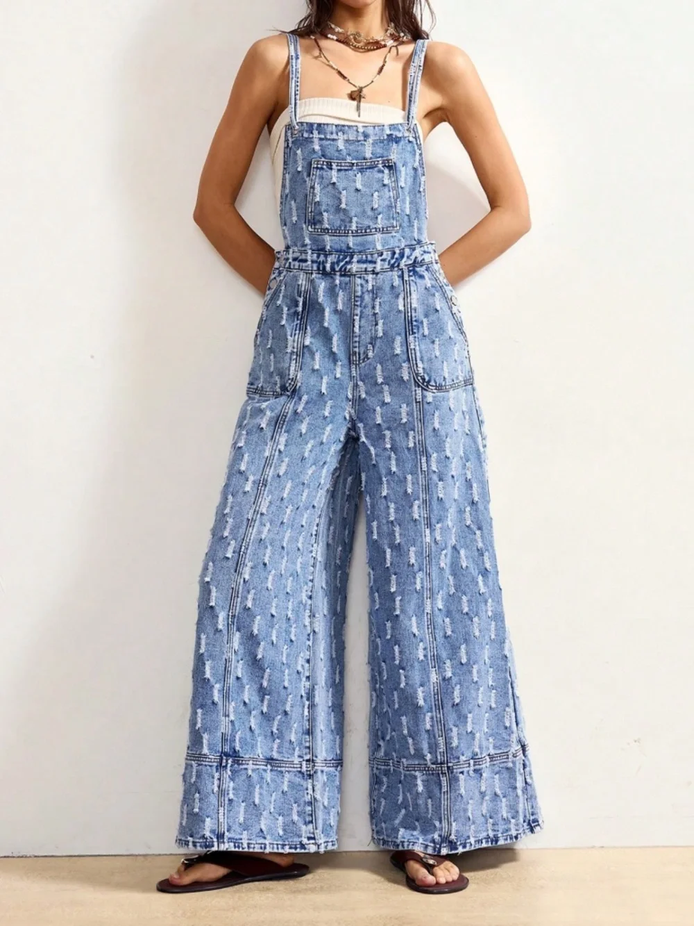 Light Wash Distressed Double Strap High Waisted Wide leg bibs Overalls - Picture 2 of 6